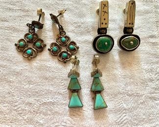 $40 each pair turquoise earrings.   Left: 1.5"L.  Top right: 
SOLD 1.8"L.  Bottom: 1.8"L Upper left earrings SOLD 