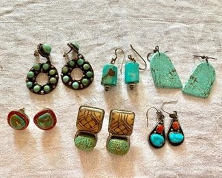 $40 each pair of turquoise earrings pierced.  Range from 0.5"L to 2"L  Top  row earrings SOLD, Bottom row middle earrings available rest are  SOLD  