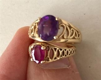 $325  - Top ring 14K gold  and amethyst ring size 6, Bottom ring $295 SOLD  Ruby and 14K gold ring. size: 5