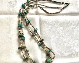 $160 Turquoise and heishi beaded necklace double strand.  27"L