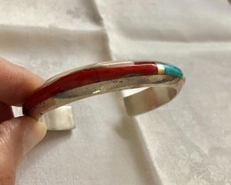 $100 Joe Tsosie signed Coral and turquoise  bangle bracelet 2 and 1/2" open cuff 