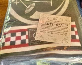 $195  "Gila" Ramona Sakiestewa designed blanket new in package with certificate woven by Scalamandre.   80" L x 68" W. 