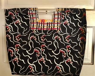 $25 Rooster cloth purse with lucite handle.  15" W x 19" H.  