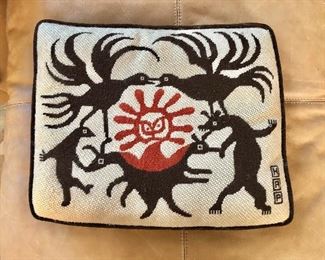 $60 - Signed woven pillow with animal and sun design - 13" H, 16" W, 3.5" D. 