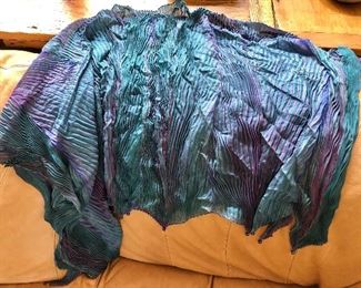 $95 Pleated poncho design scarf that fits over shoulders.  Approx 37" W, 21" H.  