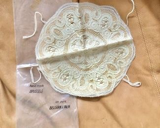 $35  Belgian  Linen embroidered lace bread holder in original package .  11" diam. 