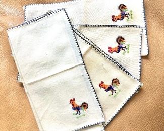 $35 Set of 6 embroidered rooster napkins.  Each 6.5" x 6.5".  