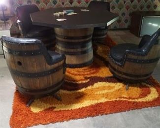 1970's Mccormick Whiskey barrel table and chairs plus 2 ottomans