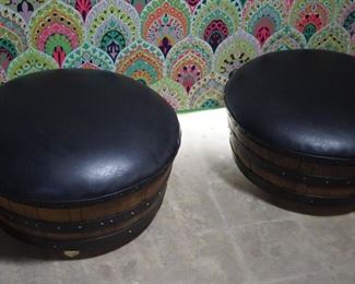 1970's Mccormick Whiskey barrel table and chairs plus 2 ottomans