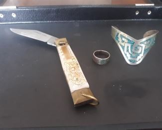 Mexican silver ring and bracelet plus Mexican knife