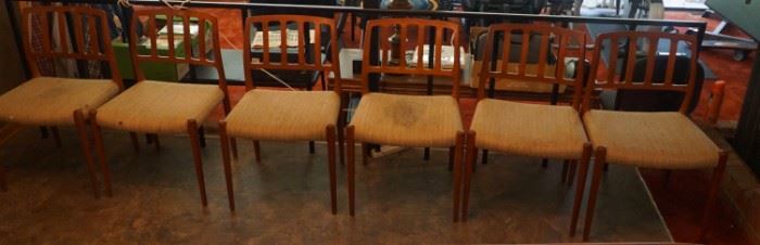 6 Danish Teak Mid-Century Niels Moller chairs Model 83,  one chair has a stain on the fabric. These are a must-see!!!!