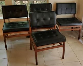 Set of 4 Mid-Century Danish Modern chairs, black leather and wood (teak?)