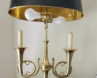 Brass Bouillotte Lamp with black metal shade, 28" tall