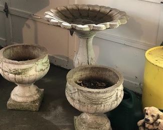 Vintage Garden Urns, Birdbath, & Bench