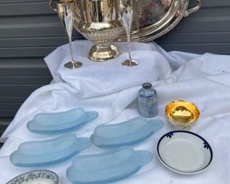 Silver Plate Tray, Ice Bucket, Champagne Flutes, and More