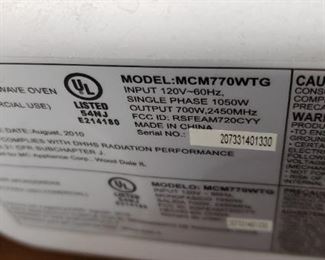 Compact Microwave Model# MCM770WTG  17" x 11.75" x 9.75"     700W 120v $50