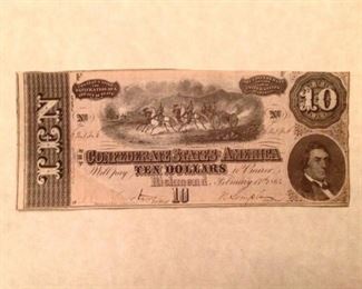 1864 Confederate States of America $10 Ten Dollars