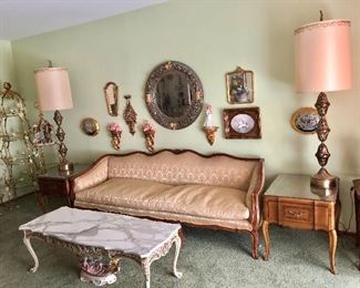  Beautiful Antique Victorian  Sofa and 2 Matching Chairs.$150  Also Italian Marble Coffee Table, 2 Leather Top End Tables, Lamps and Hollywood Regency  Wall Decor throughout the House