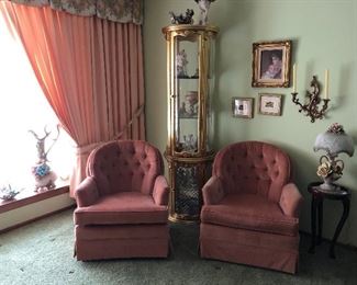  2 Matching Chairs $75 Both. Round Curio Cabinet, Large Capodimonte Pieces, Huge Vase, 2 Lamps
