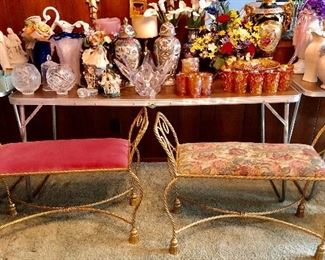 2 Vintage Mid Century Modern Italian Gold Gilt Iron Tole Rope Tassel Benches. Hollywood Regency $200 Each. Buy Both for $350. Also see Carnival Glass, Pitcher & Bowls, Mother Mary, Jesus, Rosery, Ginger Jars, Cut Glass, Crystals and More