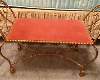 2 Vintage Mid Century Modern Italian Gold Gilt Iron Tole Rope Tassel Benches. Hollywood Regency $200 Each. Buy Both for $350. 