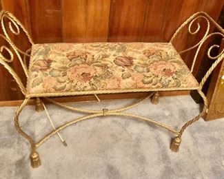  2 Vintage Mid Century Modern Italian Gold Gilt Iron Tole Rope Tassel Benches. Hollywood Regency $200 Each. Buy Both for $350. 