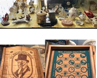 * Several Clocks, Figurines, Music Boxes  and WC Fields Bar Game