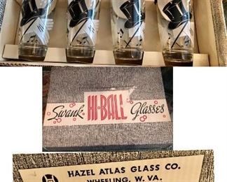 * Multiple Boxes of Swank Hi Ball Glasses aka Hazel Atlas Glasses. Give My Regards To Broadway Theme
