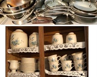 * Nice Kitchen Items: Pots, Pans, Corningware, Pyrex, Blender, Crockpot, Knives, Mikasa Set and Other Dish Sets.