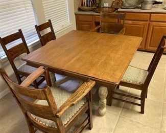 antique oak breakfast table with chairs (5 shown, there are 8 in total)
