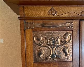 Huge Antique Oak Wardrobe Hammered Copper accent 82x78x24in HxWxD