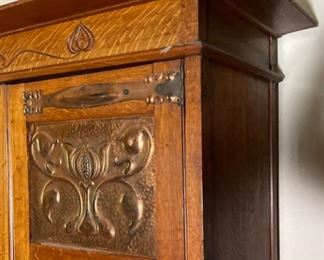 Huge Antique Oak Wardrobe Hammered Copper accent 82x78x24in HxWxD