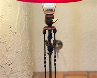 Antique Wrought Iron lamp Frosted Red Shade 24in H x 11in Diameter