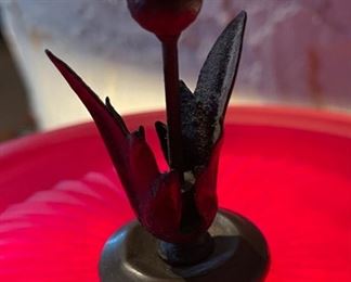 Antique Wrought Iron lamp Frosted Red Shade 24in H x 11in Diameter