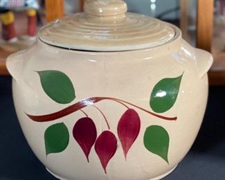 Watt Pottery Teardrop 2 Handled Bean Pot Red Bud 7in h x 8.5in diameter