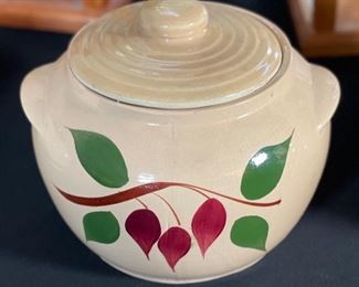 Watt Pottery Teardrop 2 Handled Bean Pot Red Bud 7in h x 8.5in diameter