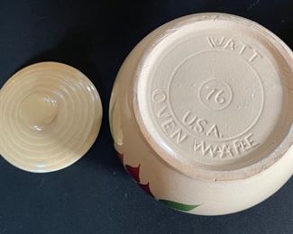 Watt Pottery Teardrop 2 Handled Bean Pot Red Bud 7in h x 8.5in diameter