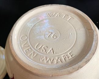 Watt Pottery Teardrop 2 Handled Bean Pot Red Bud 7in h x 8.5in diameter