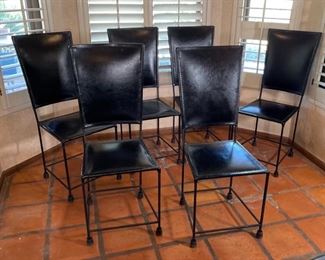 6pc Rustic Leather & Wrought Iron Dining Chairs 42x17x18in HxWxD