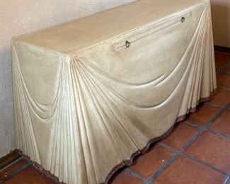Vintage Marge Carson Leather Clad Serving Console Table Faux Drape Server 29x53x23in HxWxD