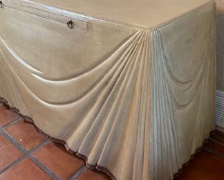 Vintage Marge Carson Leather Clad Serving Console Table Faux Drape Server 29x53x23in HxWxD