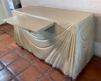 Vintage Marge Carson Leather Clad Serving Console Table Faux Drape Server 29x53x23in HxWxD