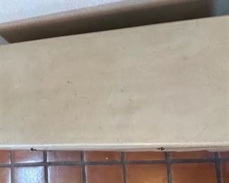 Vintage Marge Carson Leather Clad Serving Console Table Faux Drape Server 29x53x23in HxWxD