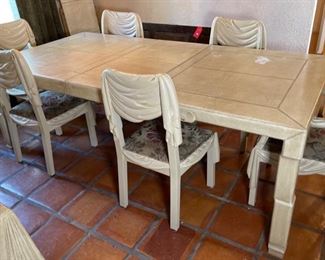 Vintage Marge Carson Leather Clad Dining Table w/ 6 Chairs 31in Hx 34in W x 70-90-120in
