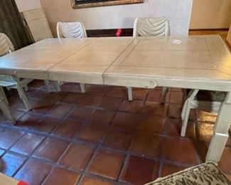 Vintage Marge Carson Leather Clad Dining Table w/ 6 Chairs 31in Hx 34in W x 70-90-120in
