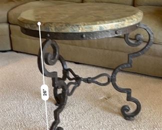 Robb & Stucky End Table Granite Tile Top Rustic Iron Frame 26in H x 28in W