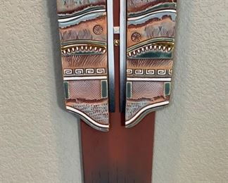 Artist Made Ceramic & Wood Wall Sculpture Native American Sunburst Raku 53x16in