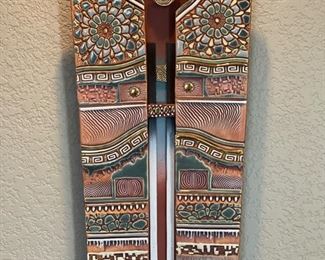 Artist Made Ceramic & Wood Wall Sculpture Native American Sunburst Raku 53x16in