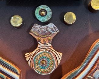 Artist Made Ceramic & Wood Wall Sculpture Native American Sunburst Raku 53x16in