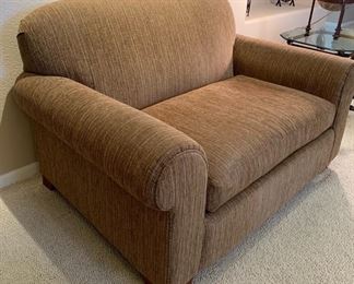 La-Z-Boy Oversized Chair Brown and Beige Lined Fabric with Wood Legs and One Throw Pillow #1 34x58x38 HxWxD